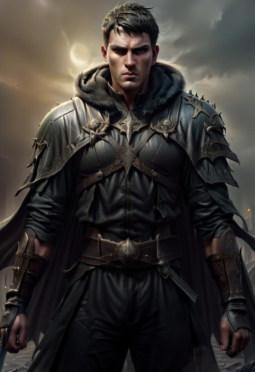  ethereal fantasy concept art of human brutal male warlock, roman gladiator face, short haircut, simble plain black leather jacket, grey hooded cape, two swords, dark town background . magnificent, celestial, ethereal, painterly, epic, majestic, magical, fantasy art, cover art, dreamy, civitai