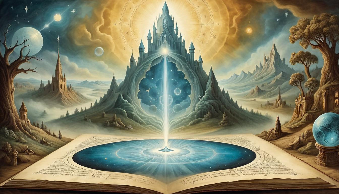  on parchment, surrealism+++, a divine being sharpening an ethereal lens, light refracting through, symbolizing heightened spiritual vision, meticulous, sacred task(mysterious, provocative, symbolic,muted color)+++