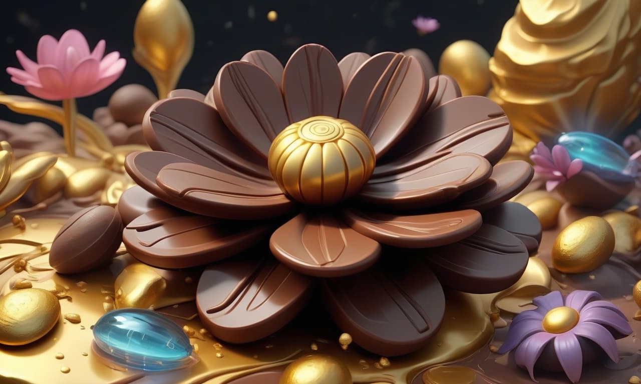  style realistic bright oil pattern 3 d big magic flower of chocolate, flying around magical fireflies, next to lie ingots of gold, around a futuristic landscape