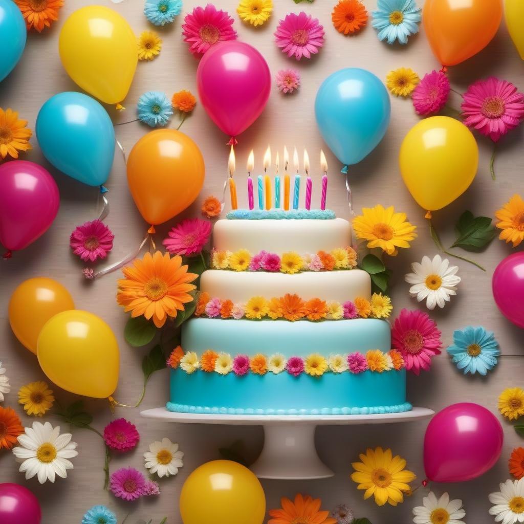  "Create a bright and festive birthday greeting card. The postcard should have an image of a beautiful cake with candles surrounded by flowers and balloons. Place the inscription at the top of the postcard 'happy Birthday!'in a fun and colorful font. The background of the postcard should be bright and joyful to convey the festive atmosphere."