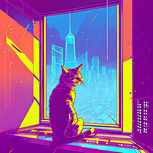 nvinkpunk cat sitting on windowsill looking at city, photography, jay hambidge, net art, new album cover, on the moon, kafkaesque, in new york, yellow sky, packshot, kinkade, karma, trend artlist, felt, with star diagram, kentaro, benevolence