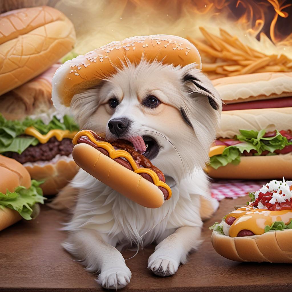  dog eating hotdog , mystical style