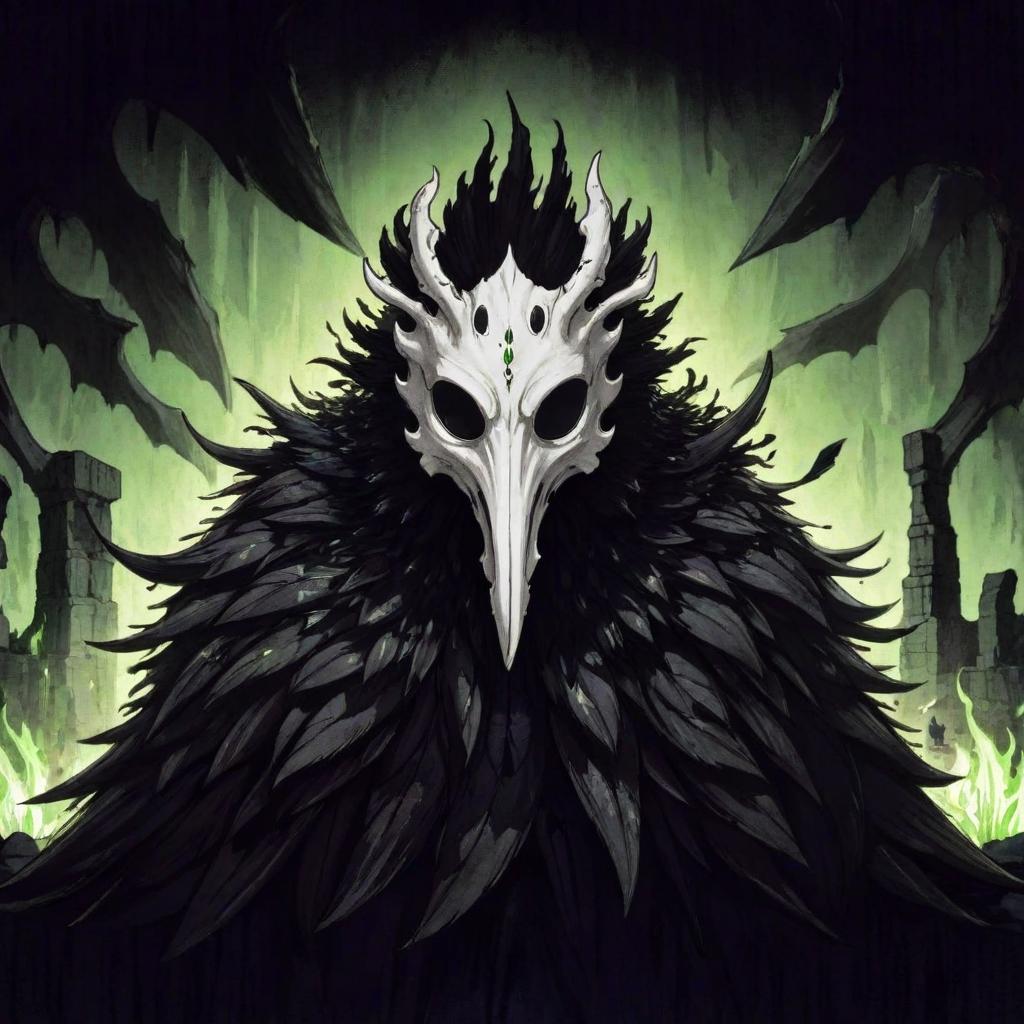  manga artwork dark creature with an animal white bone mask with round eyes and black feathers, the background has stone ruins and green flames. rpg anime style . manga artist. manga, highly emotional. best quality, high resolution