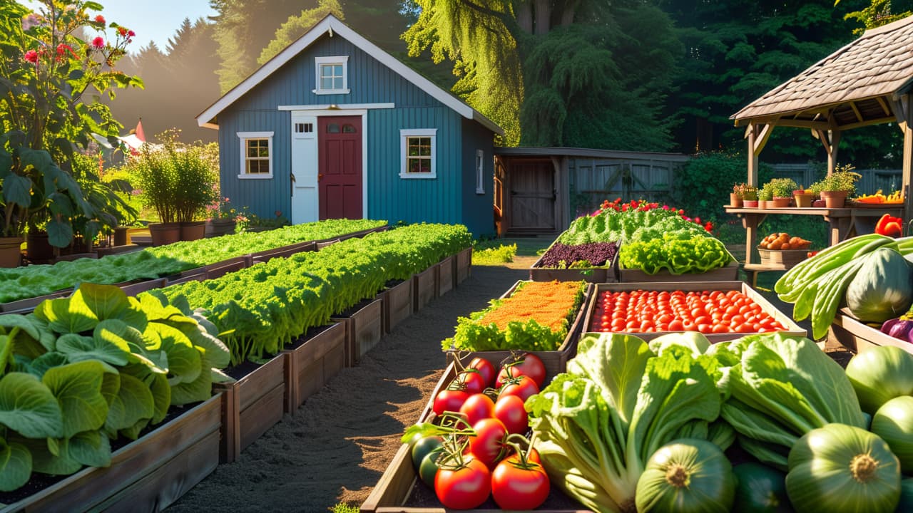  a vibrant vegetable garden layout featuring neatly organized rows of diverse crops—tomatoes, carrots, lettuce, and peppers—interspersed with colorful flowers, a wooden trellis, and a rustic garden shed under a bright blue sky. hyperrealistic, full body, detailed clothing, highly detailed, cinematic lighting, stunningly beautiful, intricate, sharp focus, f/1. 8, 85mm, (centered image composition), (professionally color graded), ((bright soft diffused light)), volumetric fog, trending on instagram, trending on tumblr, HDR 4K, 8K