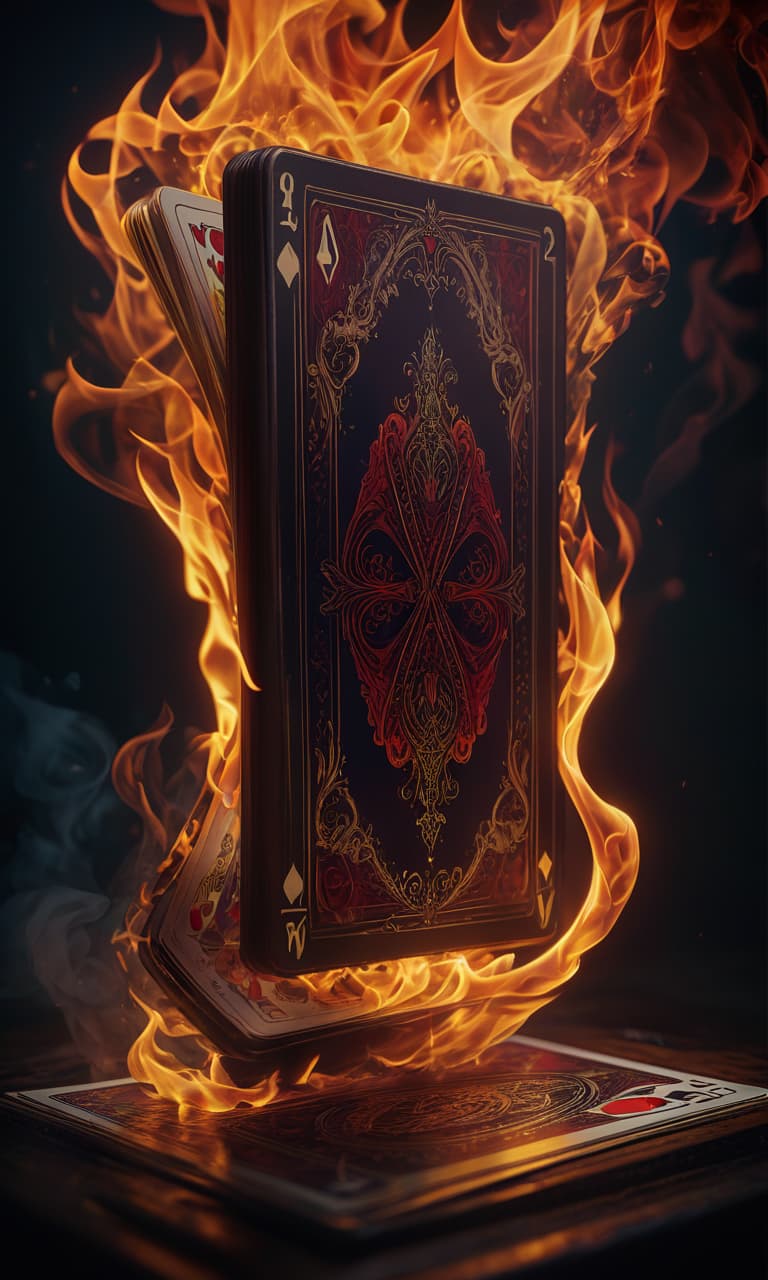  gothic style (picture, digital art:1.2), burning playing card with mesmerizing flames, perched elegantly on a table, intricate details capturing the fiery glow, (beautiful:1.3) avatar image, airbrushed art style, dynamic composition, vibrant colors, warm lights illuminating the scene, intense and captivating atmosphere, trending on digital art platforms. . dark, mysterious, haunting, dramatic, ornate, detailed, civitai, glowneon