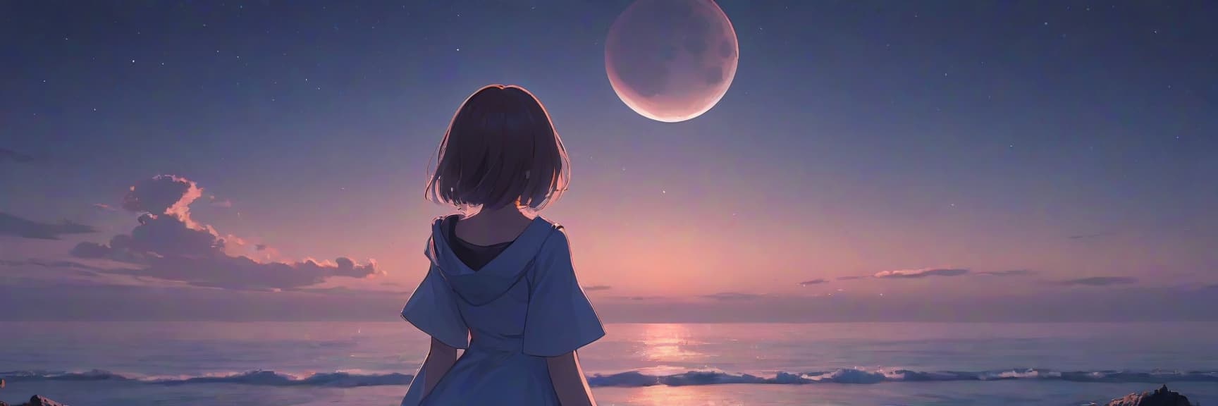  anime girl with her back turned looking at the ocean under the bright colored moon