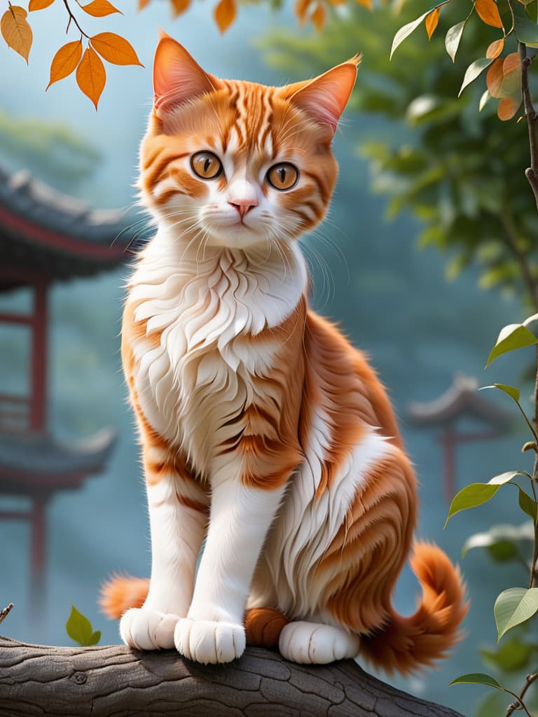  cats are hanging on branches, empty feet and leaves in the background become blurred, highlighting their plight. a small, lovely orange cat with a big pair of ambers. a few white stripes on the eye, and the claws are fleshy。 photo realistic, highly intricate and detailed, masterpiece, ultra high res,photography,8k resolution