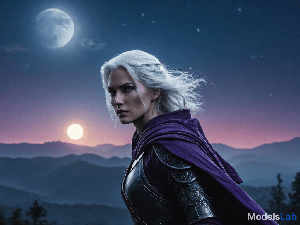  a realistic and cinematic depiction of a white haired woman with striking heterochromatic eyes—one blue and one purple—wielding a sharp katana. she is mid action, powerfully slashing through a glowing full moon in the dark sky, which is now in a broader, more expansive background. the moon is splitting dramatically in half, with glowing fragments scattering through the night. the background features a vast, starry sky with clouds faintly illuminated by the moonlight, and the landscape below, a distant silhouette of mountains and forests, adds depth to the scene. the moonlight highlights the woman's determined expression and flowing hair as the environment and celestial destruction are given greater emphasis. hyperrealistic, full body, detailed clothing, highly detailed, cinematic lighting, stunningly beautiful, intricate, sharp focus, f/1. 8, 85mm, (centered image composition), (professionally color graded), ((bright soft diffused light)), volumetric fog, trending on instagram, trending on tumblr, HDR 4K, 8K