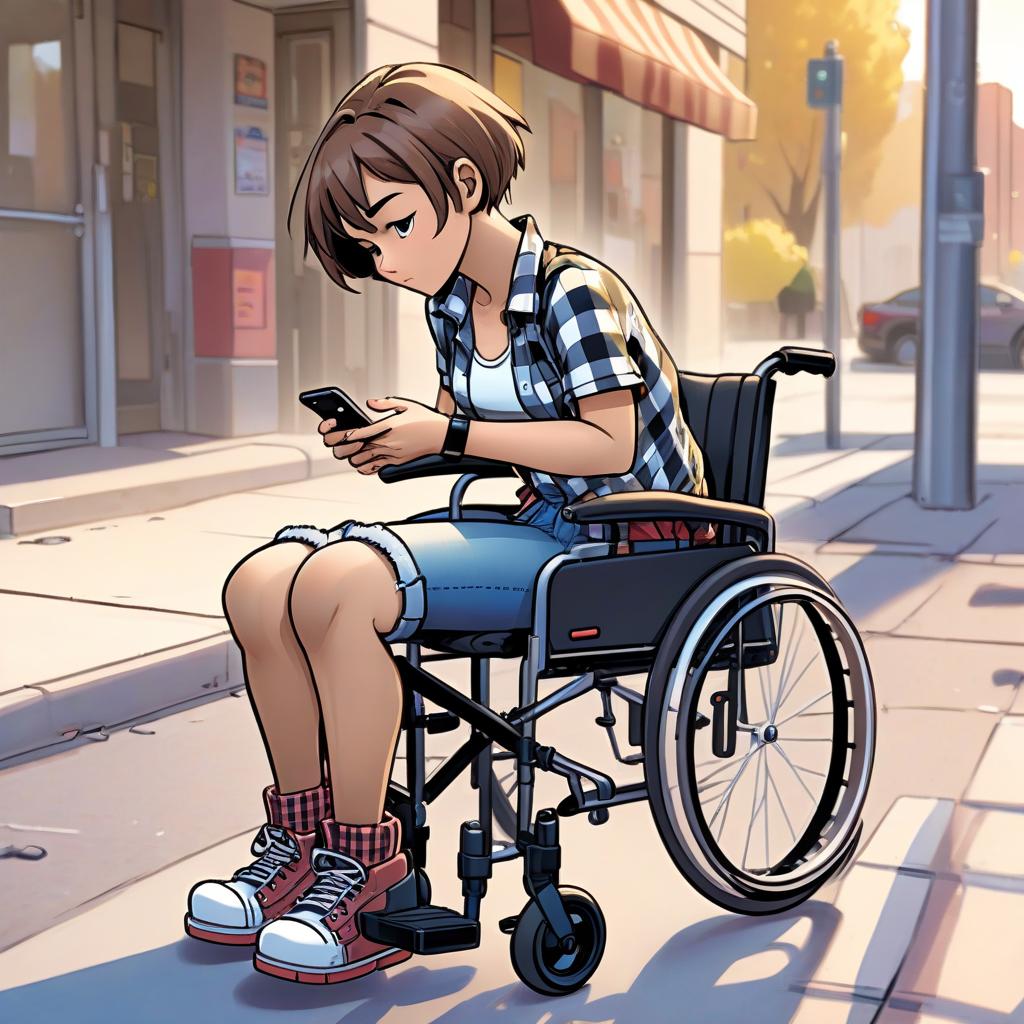  colored comic book image. a with short hair (kare) is sitting in a wheelchair. she has a prosthetic instead of one leg. she's wearing a checkered shirt and jeans. the girl leans forward, trying to lift the smartphone, which lies on the sidewalk in front of her. warm atmosphere with soft shadows and bright colors.