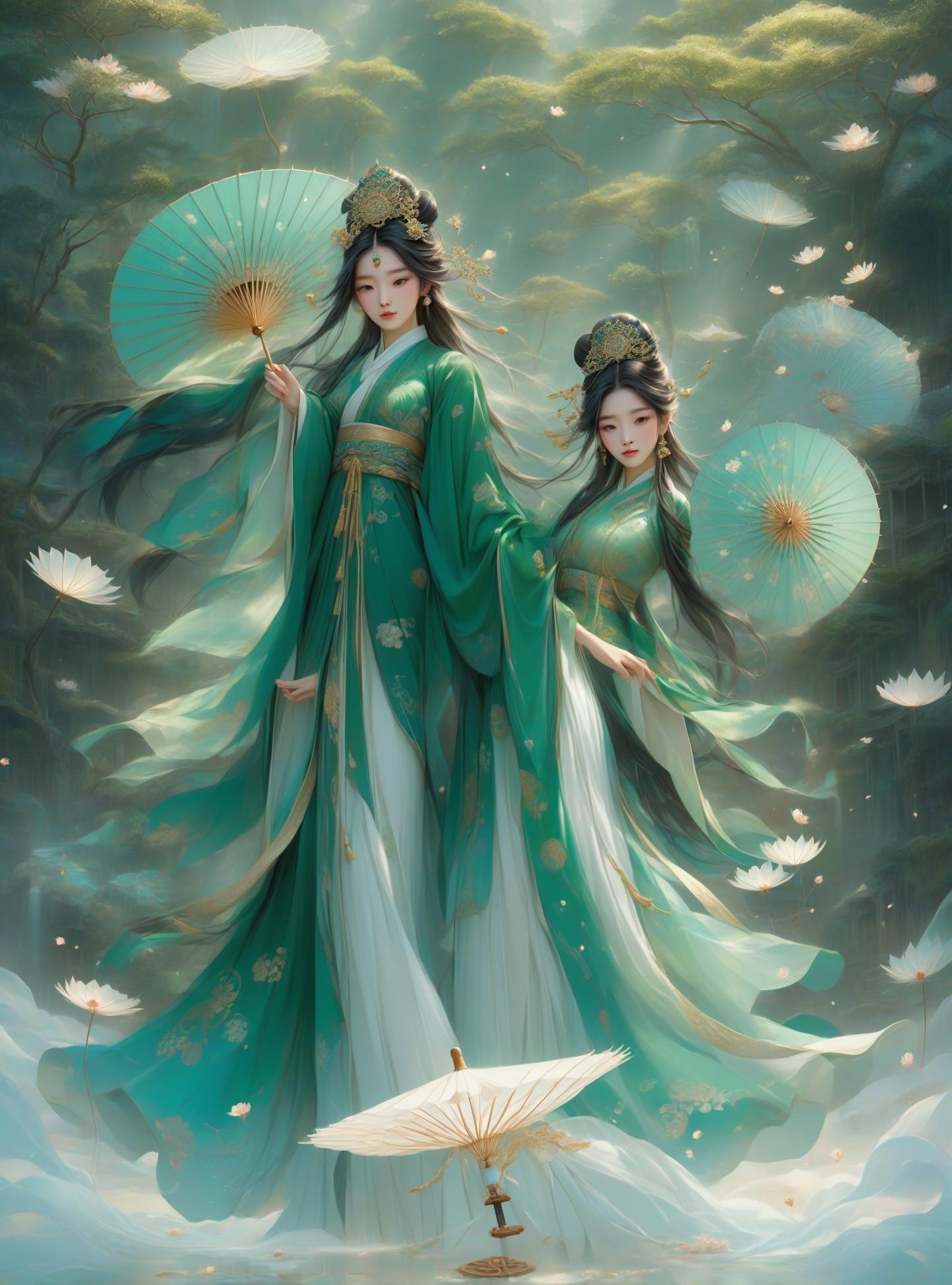  "a male and female character stand in a dream like natural setting. the male character is dressed in a deep green ancient chinese style robe, adorned with intricate headwear, and holding a delicate circular paper umbrella. the female character wears a flowing white gown, a crown on her head, and also holds a paper umbrella. surrounding them are fluttering petals and twinkling light spots, creating a mysterious and surreal atmosphere. the scene is rich in color, dominated by light blues and whites, emphasizing light and detail, and reflecting the style of eastern fantasy aesthetics."