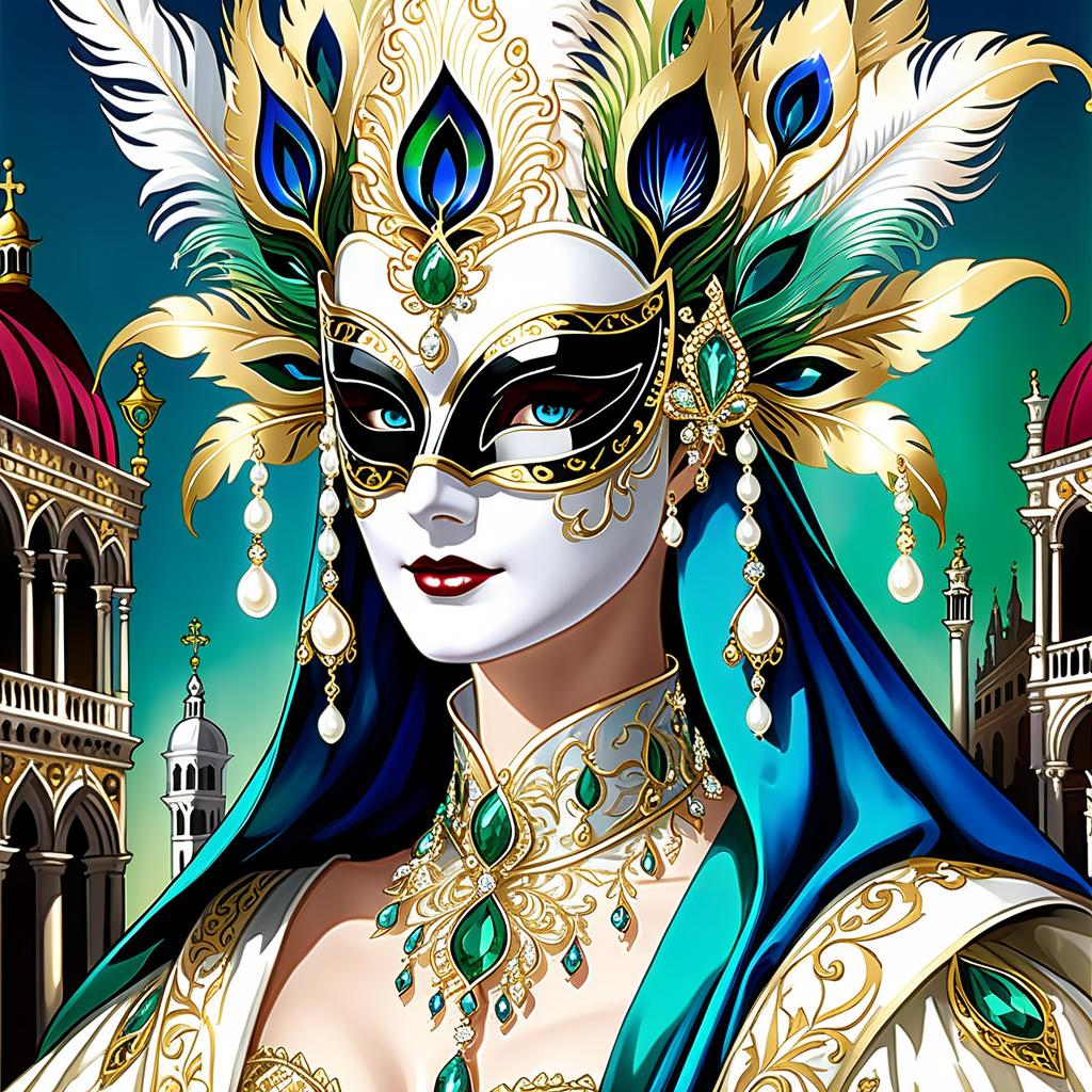  dreamscape (background):black silk cloak, topazes, rubies, emeralds, gold candlestick with white gold flame. ((the eye slits reflect the contours of the palaces and canals of venice1,9)). ((half mask columbine) a mask covering only part of the face. silver mask:with gold patterned ornamentation. colours:light green, blue, pearl cream, peacock feathers, gold and silver beads, gold leaf, gemstones, venetian lace, rhinestones, beads. (style):fantasy, renaissance, dream, mystery, mystery, dream, italy, venice, barcarolle, minestrel. . surreal, ethereal, dreamy, mysterious, fantasy, highly detailed