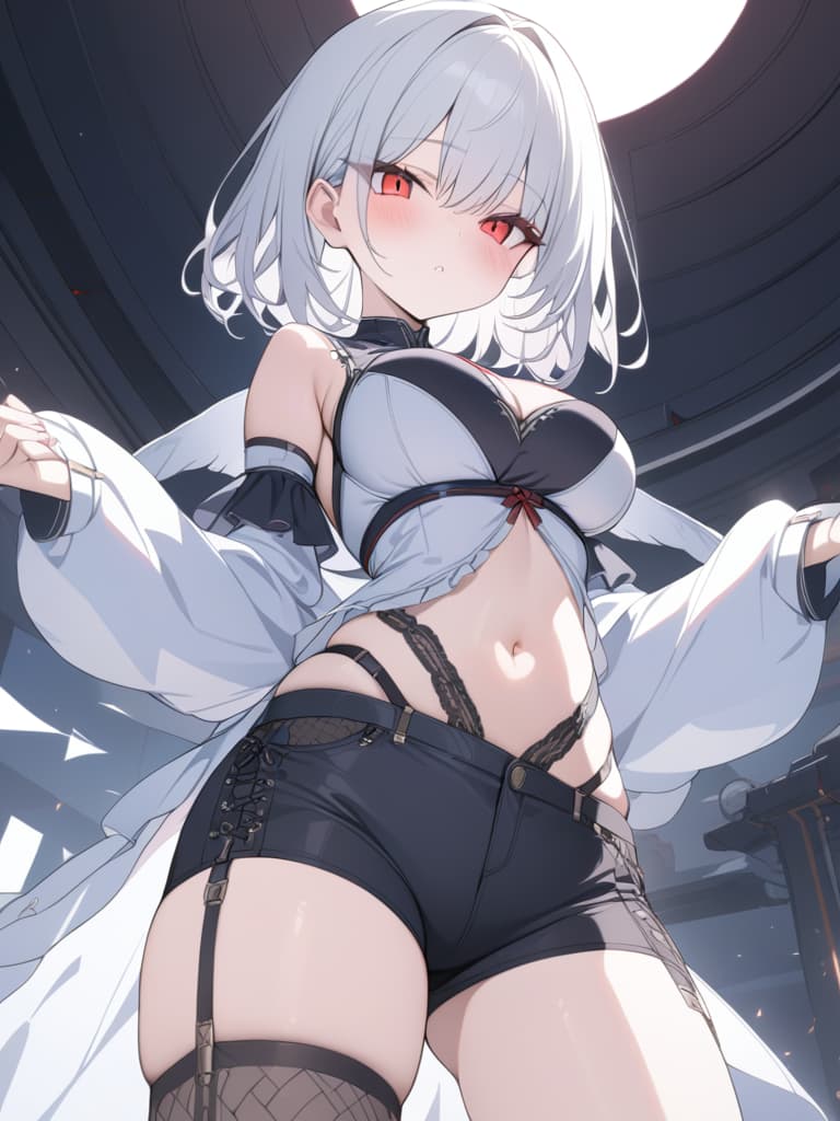  boys, garter belts, black mesh, white hair, short bob, moe sleeves, ribbon, energy, red eyes, shorts, masterpiece, best quality,8k,ultra detailed,high resolution,an extremely delicate and beautiful,hyper detail