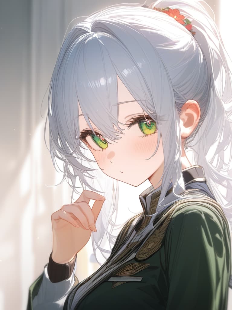  little girl, white hair, ponytail, green eyes, flower shaped eyes, uniform, masterpiece, best quality,8k,ultra detailed,high resolution,an extremely delicate and beautiful,hyper detail