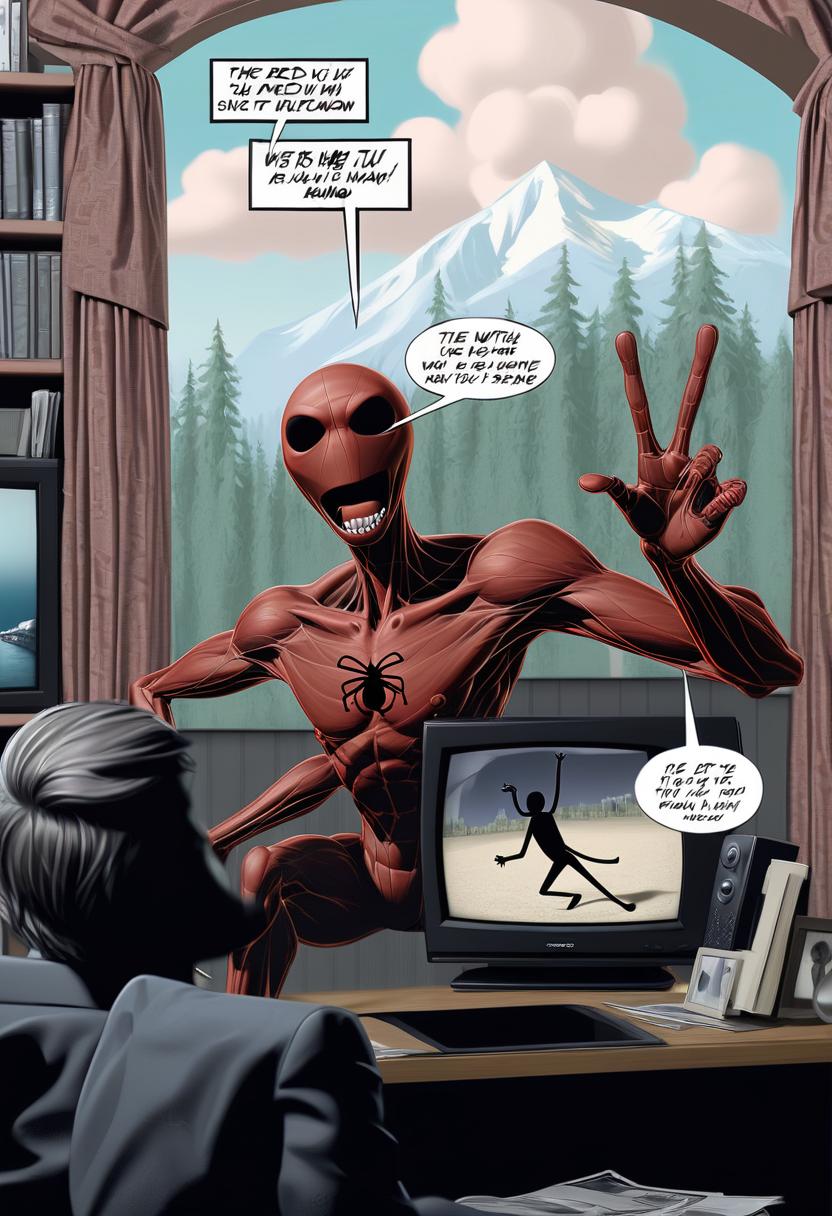  the red stickman runs at us with the tv in his hand