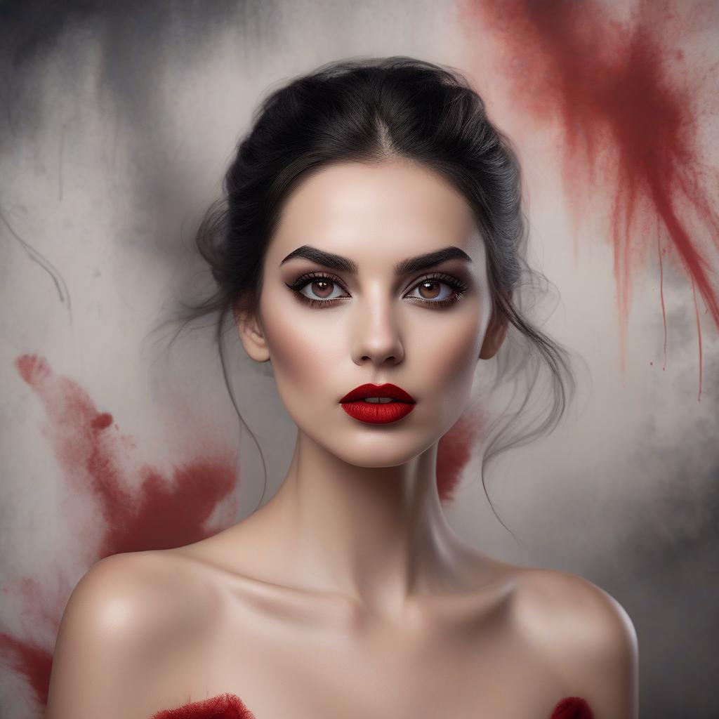  a portrait of a woman with voluminous dark hair, striking red lips, smoky eye makeup, and a painterly, smudged background. gorgeous model, smooth and realistic portrait, smooth and intricate, high definition, realistic, clear and detailed eyes, hi res, photorealistic, nikon z9, 85mm f1.2, dof, smooth and realistic