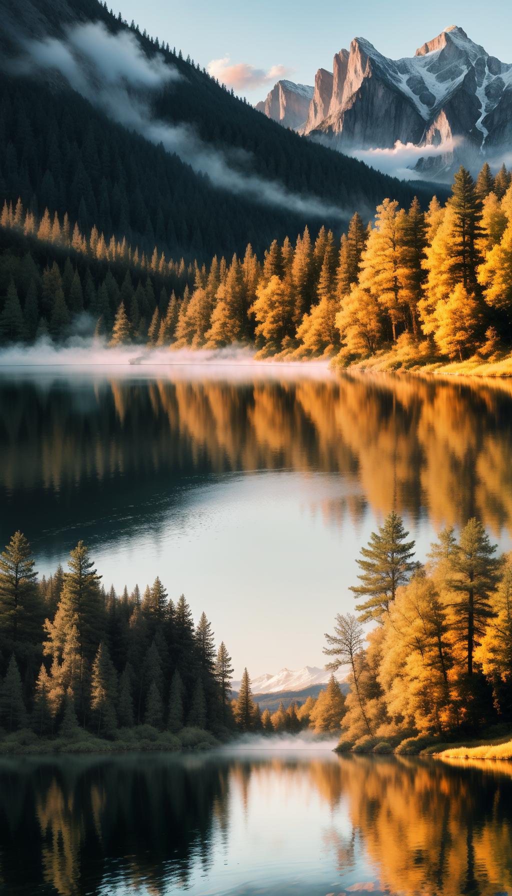  a breathtaking sunrise over a serene mountain lake, with vibrant colors reflecting off the water and mist gently rising