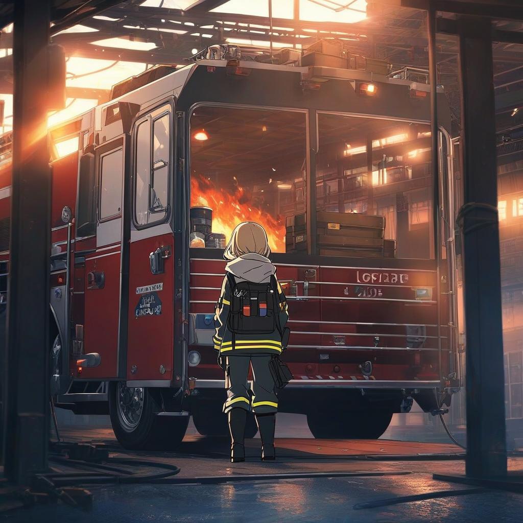  a lot of firefighters, standing in a fire truck, the fire, the water, the fire. p, anime artwork, anime style, key visual, vibrant, studio anime, highly detailed