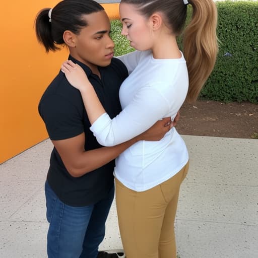  Big ponytail girl standing on her man her