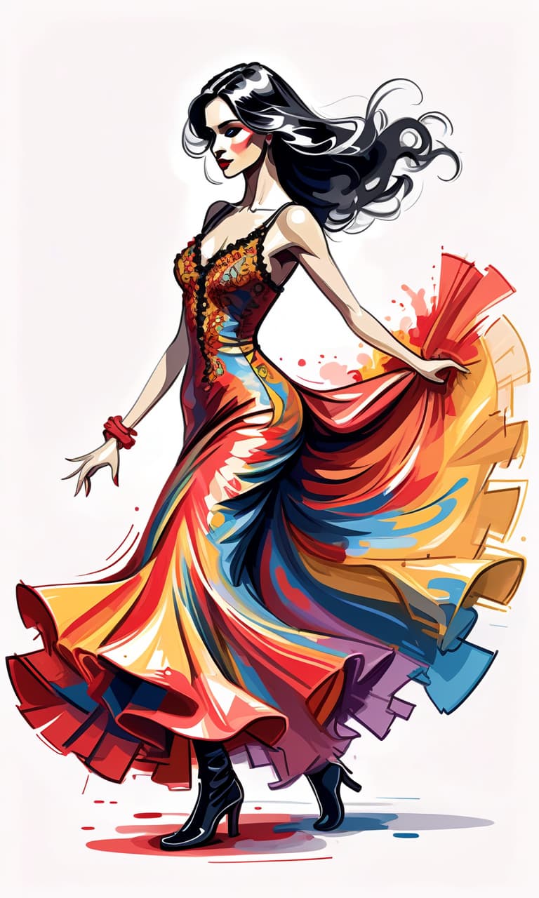  thin, fine fractal gloss vivid fire line ink sketch, sketching with short strokes, with multicolor inkl, spanish dancer in spanish dress dancing flamenco, full length, in boots, long dress, beautiful eyes, slight smile, fine lines, elegant, on the white background. contours. long loose black hair.