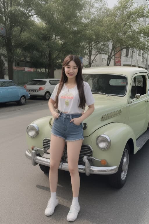  **a full body shot of a korean girl with long hair and bright clips, posing next to a vintage car, her smile radiating confidence and joy, advertising photo,high quality, good proportion, masterpiece , the image is captured with an 8k camera