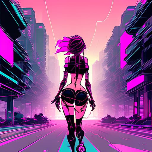 nvinkpunk a half naked pretty girl with wide hips and a large bust runs down an empty carriageway in a big metropolis of the future.