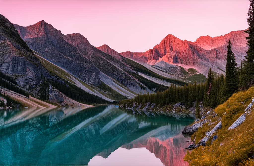  professional detailed photography, scenic mountain landscape with tranquil water reflecting a vibrant pink sunset sky, breathtaking nature background ar 3:2, (muted colors, dim colors, soothing tones), (vsco:0.3)