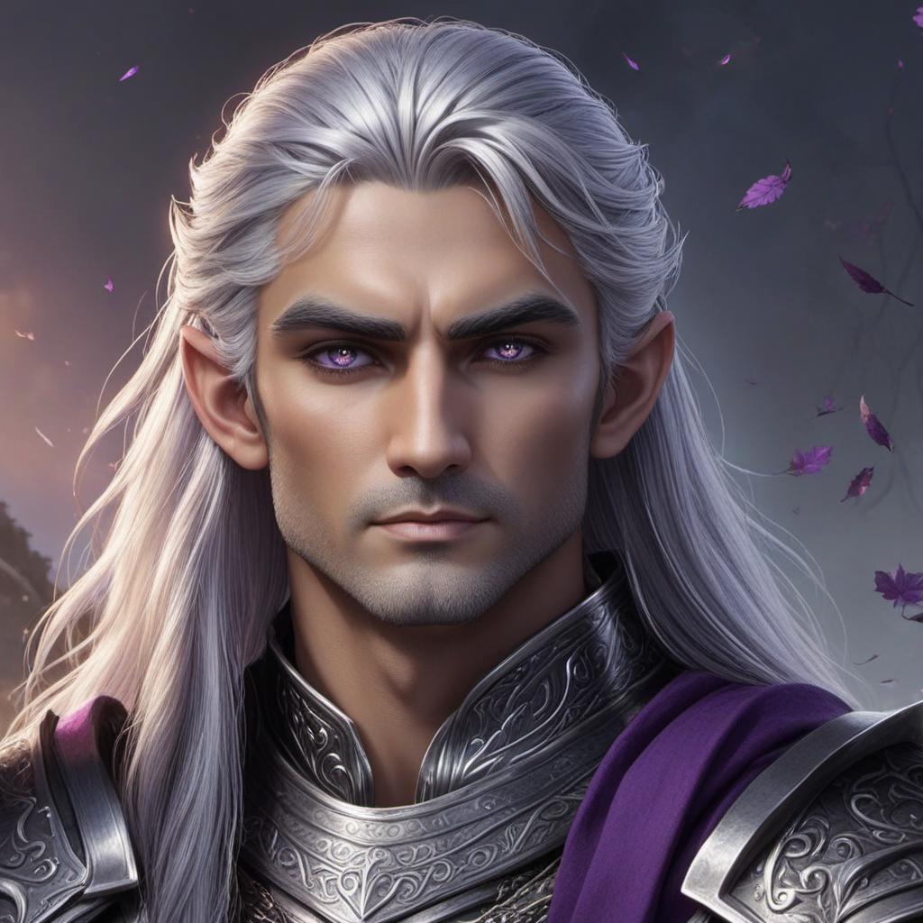  a druid hi elf with purple eyes, silver hair luscious long hair also with black leather armour, profile image style