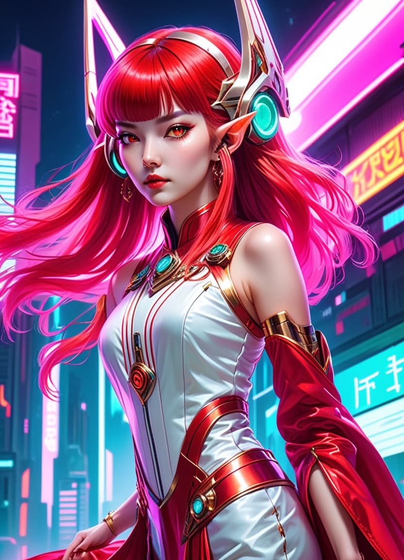  retro cyberpunk genazi air, age girl stands full height, korean, , perfect skin, long hair, flat bangs, elven ears, scarlet long hair, air magician, sorcerer, , dress white, small , fully body, slim legs, show fullness all body with legs, 8k,hdr, masterpiece, hyperrealisme, extreme detalied, . 80's inspired, synthwave, neon, vint, detailed, retro futurism, perfecteyes