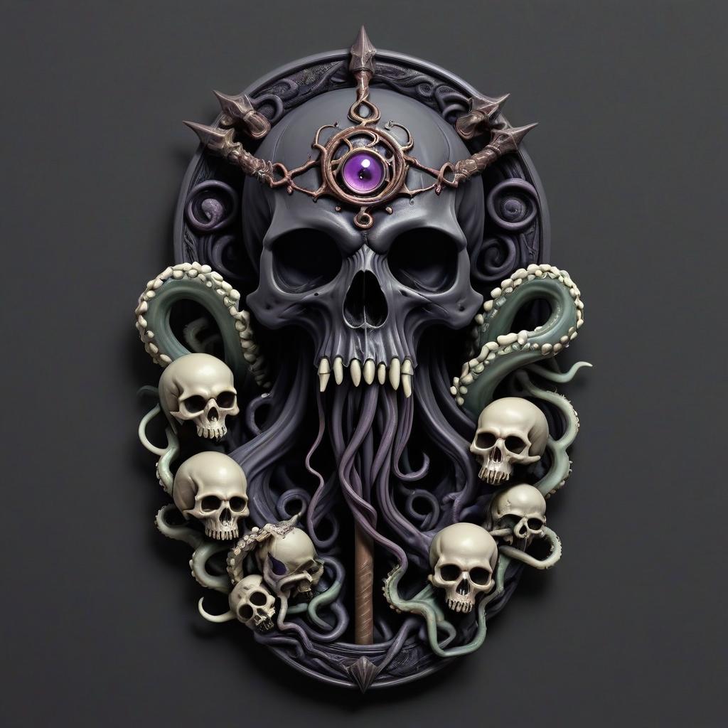  macabre style warlock, staff, cursed rod, tentacles, skulls, third eye, rpg class minimal badge . dark, gothic, grim, haunting, highly detailed, sticker