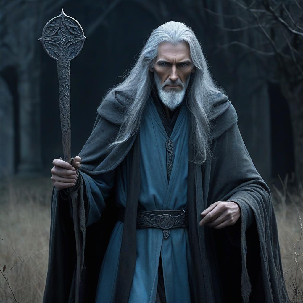  tall and thin man aged about 40 50 years, with long gray hair collected in the tail. the face is hidden under the hood, but subtle facial features and attentive, piercing eyes of icy blue color are visible. he wears a black, slightly tattered cloak with mysterious runes in his fields. lordas always carries a staff of black wood, which seems ancient and magically charged.