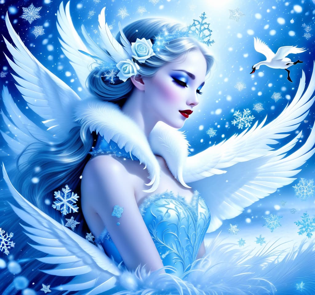  dreamscape thy name is (kiss the snow1,2) . ((key, (ice, blue1,6 sip)) ((blue eyed)) i've been jinxed ((snow singer1,8) . ((snow swan)) ((the snow swan)) feathers at my feet.( feathers flutter and slowly sink into the snow). (snow white swan): the head and body are creamy white with a silvery tint. wings of white blue colour from snowflakes (roses): light blue colour with leaves from ice crystals. background:soft blue with delicate patterns of falling snow and curls of blizzards, ice patterns on water.(style):fantasy, romantic art, silver age poetry, 19th century, dedication. . surreal, ethereal, dreamy, mysterious, fantasy, highly detailed, civitai, hkmagic