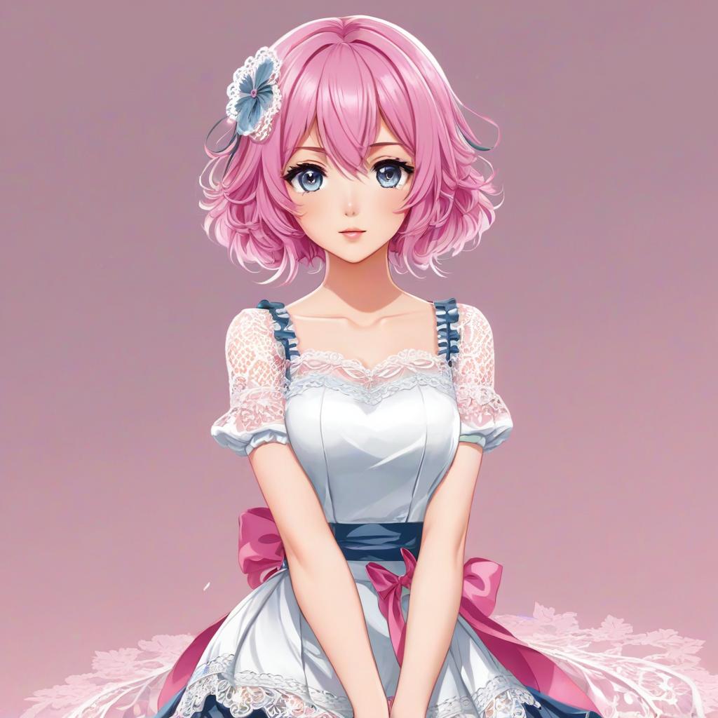   . big . gray eyes. pink hair. lace . hands crossed behind back. bashful expression. full body., anime artwork, anime style, key visual, vint, studio anime, highly detailed