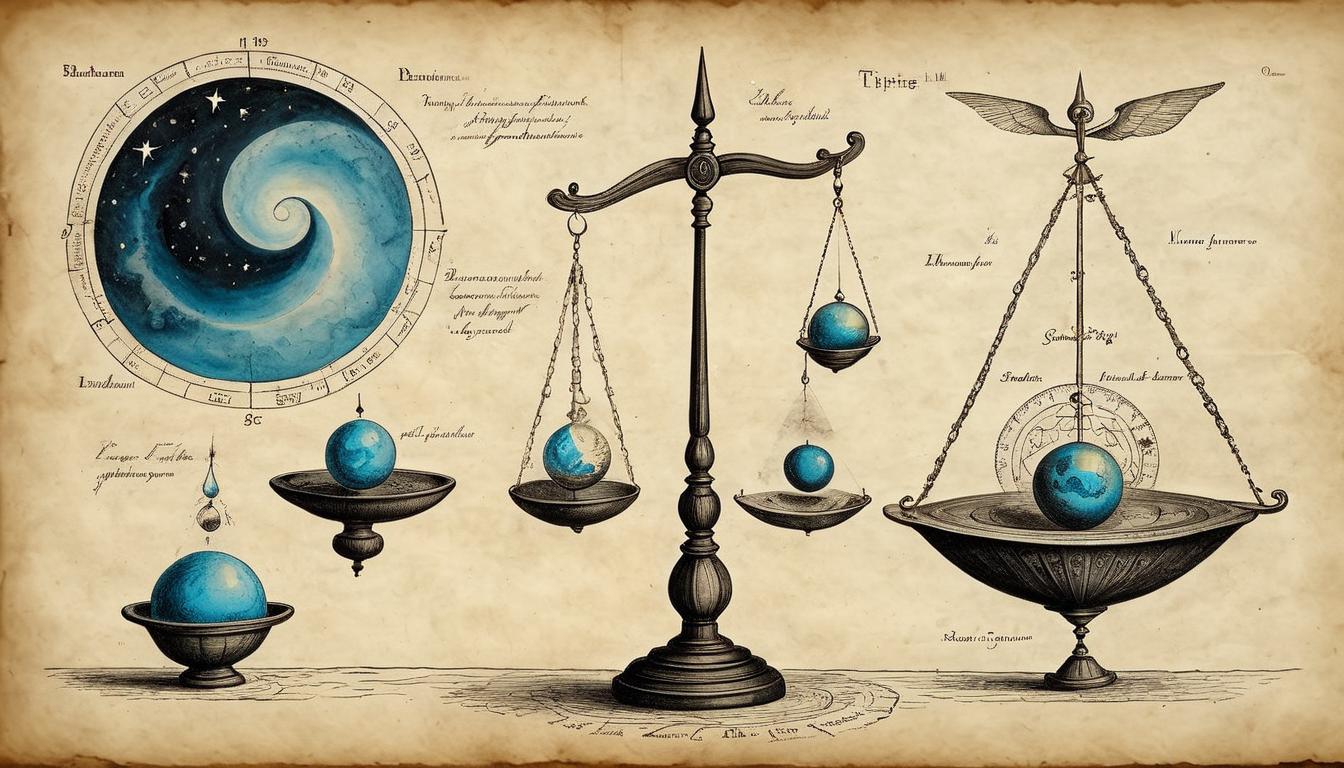  on parchment, surrealism+++, balance scale tipping dramatically, dark energy on one side, light energy on the other, cosmic imbalance(mysterious, provocative, symbolic,muted color)+++