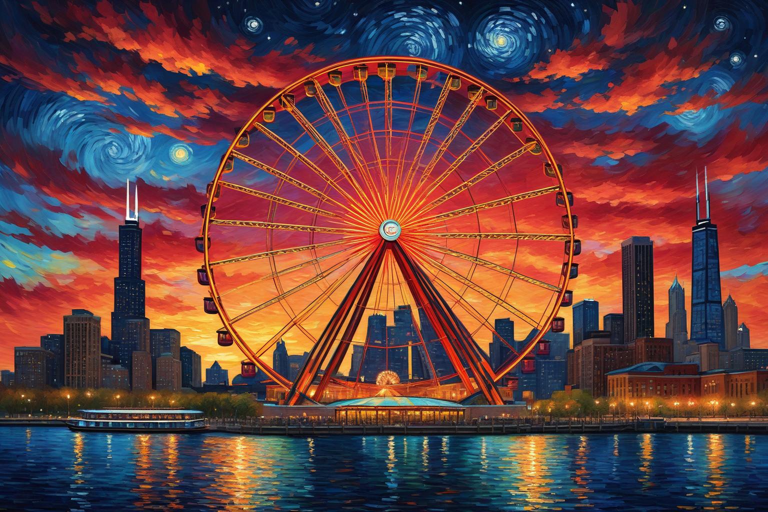  concept art chicago’s centennial ferris wheel, chicago’s navy pier, chicago skyline with prominent towers like willis, hancock, crains communication (slice building) with colorful van gogh swirls in the sky, van gogh's starry starry night with colorful red and orange swirls in the beautiful night sky, hyper realistic, chicago skyline, mesmerizing, intricate details, flambient golden and red sunrise, dramatic lighting, epic composition, wide angle, cinematic, masterpiece, high resolution, sharp details, best quality, 4k, raw photo, van gogh influence, studio lighting, impressionist, bold colors, starry sky, architectural elements, medium format lens, high angle, cityscape, city life, metropolitan, van gogh's brushstrokes, van gogh's shad