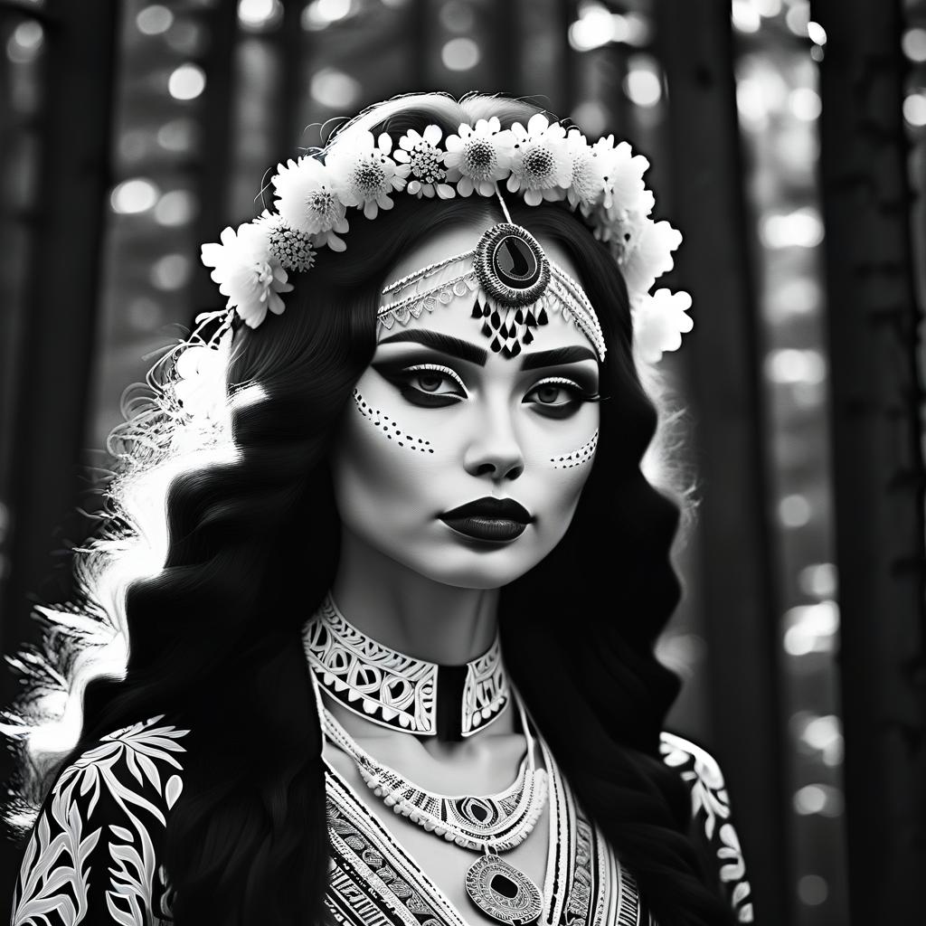  monochrome portrait, fabulous creature gamayun, human woman of slavic appearance, deciduous forest in summer . black and white, contrast, tone, texture, detailed, hkmagic