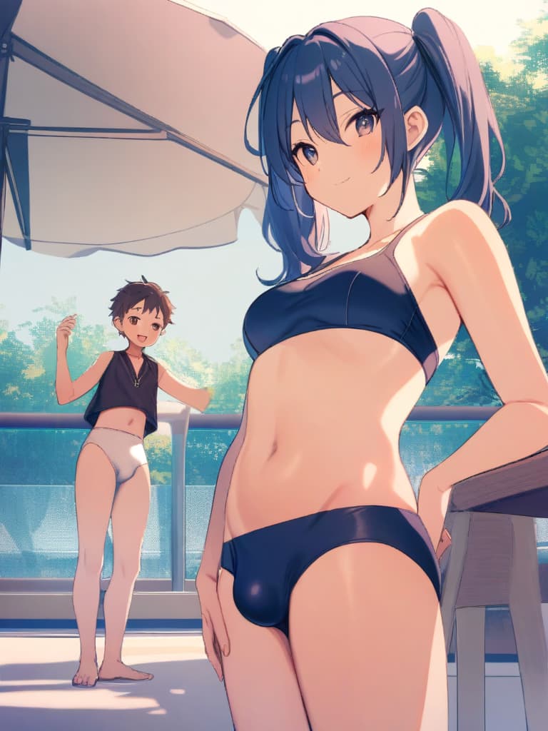  women's elementary students (male), twin tails, cute smiles, (rich s), low stature, dark blue swimwear, old swimwear, , simple (upward), male , (bulge), shaped clear , front , whole body, pool side,