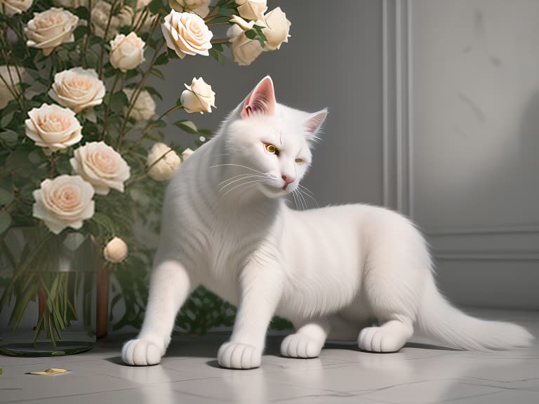  beautiful furry white cat smiles and holds roses in his paws, shot 35 mm, realism, octane render, 8k, trending on artstation, 35 mm camera, unreal engine, hyper detailed, photo realistic maximum detail, volumetric light, realistic matte painting, hyper photorealistic, trending on artstation, ultra detailed, realistic