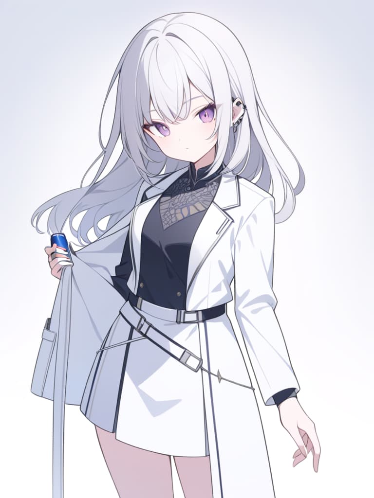  "a highly detailed,ultra high definition illustration of a cute girl with short,wavy silver hair and piercing purple eyes. she has a calm and composed expression. the girl is dressed in a sleek white lab coat,with a black undershirt underneath. in her hand,she holds a small,glowing energy drink. the outfit has a high tech and modern design,adorned with subtle accessories like badges and belts,giving her a sophisticated yet approachable look. she stands confidently against a minimalist background,the focus on her poised demeanor and intricate outfit details."