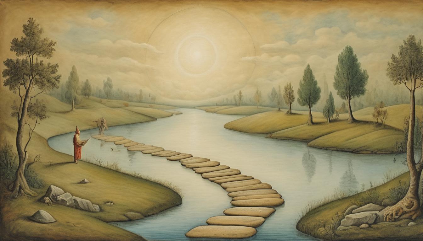  on parchment, surrealism++, stepping stones across a serene river, divine hand above guiding, path leading to a radiant horizon, metaphor of progress, guided journey(mysterious, provocative, symbolic)++