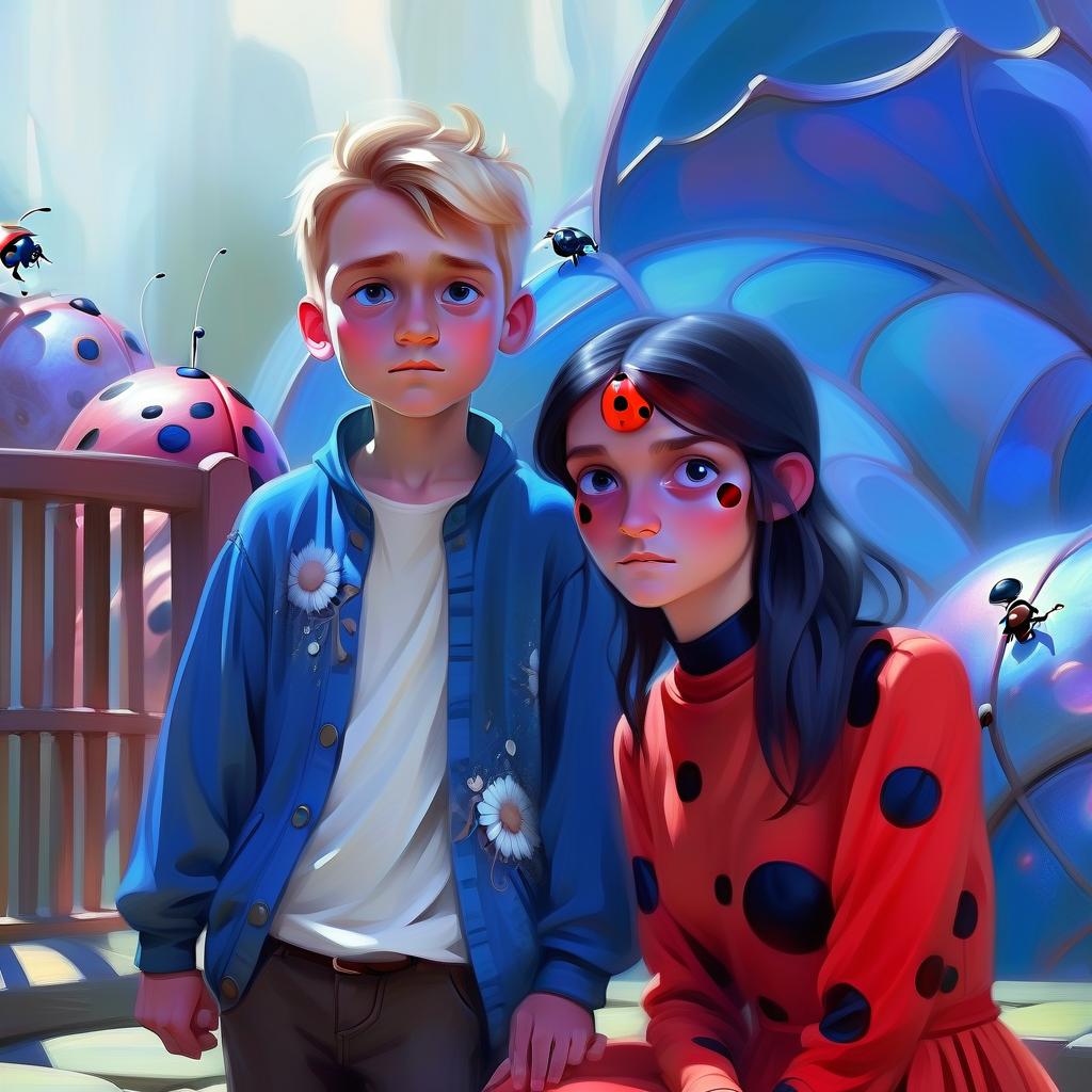  ethereal fantasy concept art of the boy and the lady bug . magnificent, celestial, ethereal, painterly, epic, majestic, magical, fantasy art, cover art, dreamy