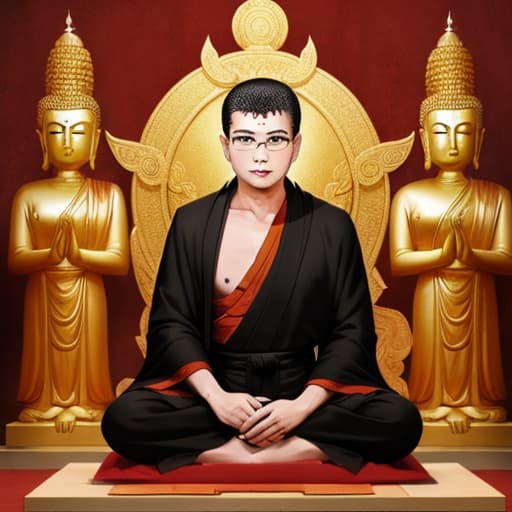  A slippery-headed Buddhist monk with thick eyebrows wearing a black robe and glasses sitting in front of a Buddha statue chanting sutras Retro