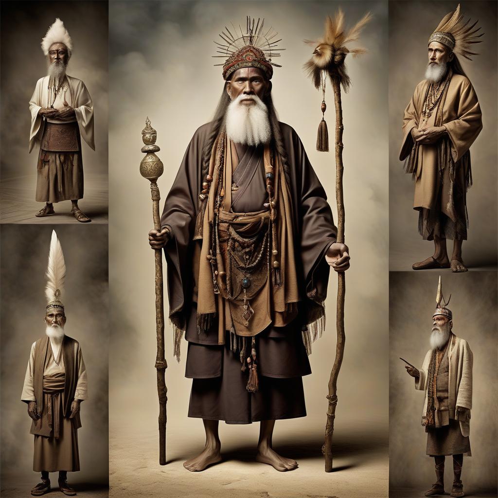  visualization of religion as a person, full height, characteristic of religion posture, characteristic of religion physique, characteristic of religion facial expression, characteristic of religion hairstyle, characteristic of religion clothing, male character, shaman, hermit, old age