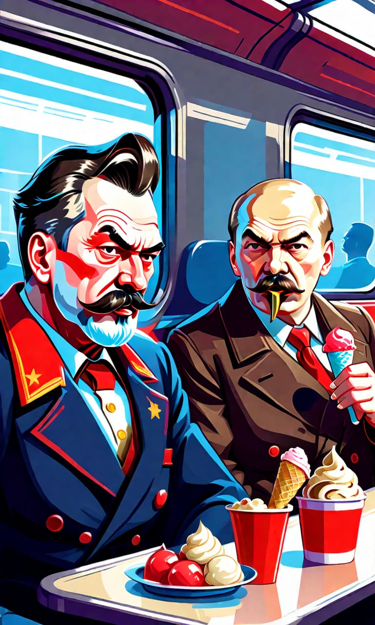  fighting game style stalin and vladimir ilyich lenin eat ice cream on the train. . dynamic, vibrant, action packed, detailed character design, reminiscent of fighting video games, t shirt design