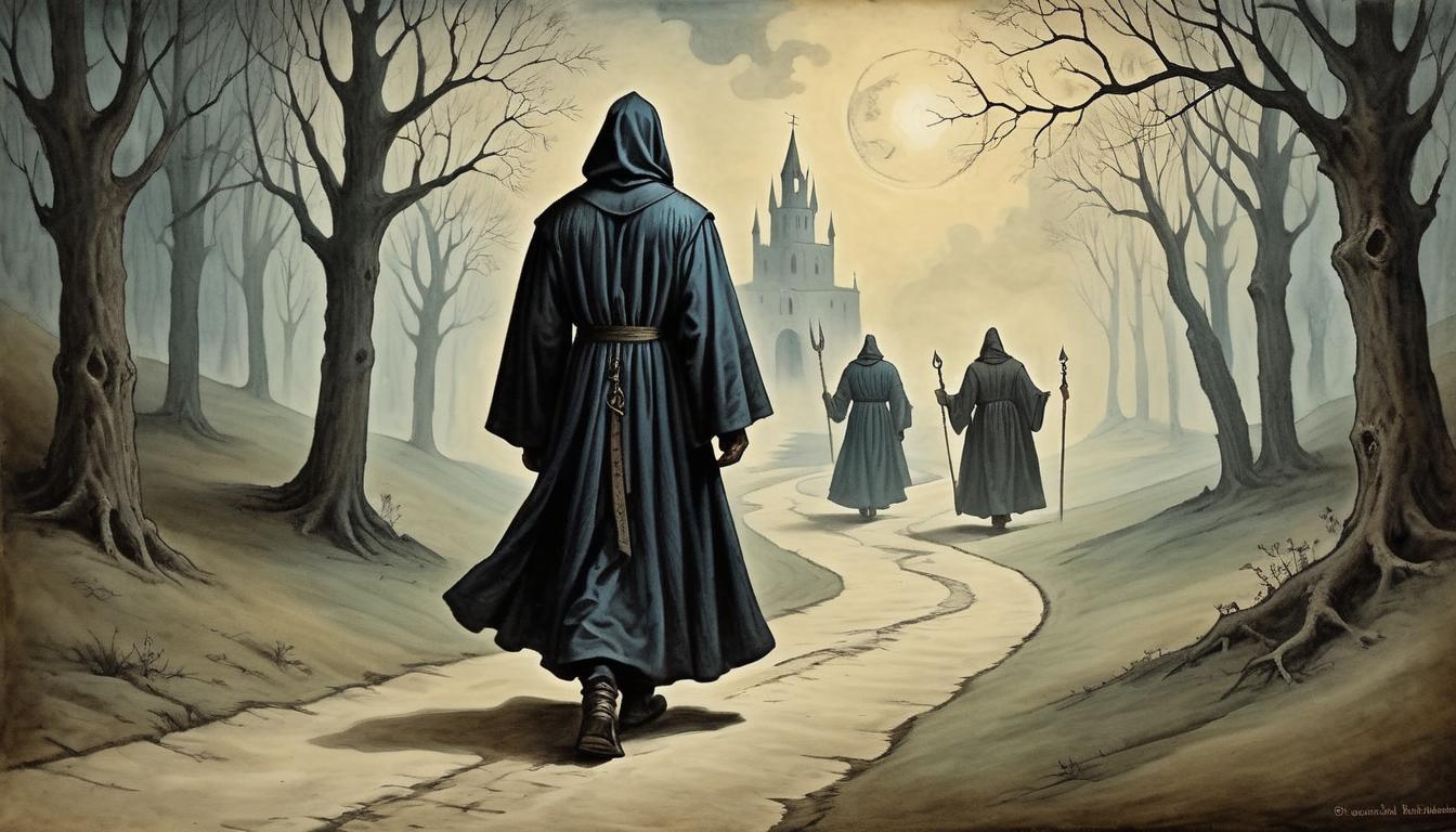  on parchment, surrealism+++, figure in dark robe, blindly walking a path, shadowy narrative figures guiding, unquestioning, misleading path(mysterious, provocative, symbolic,muted color)+++