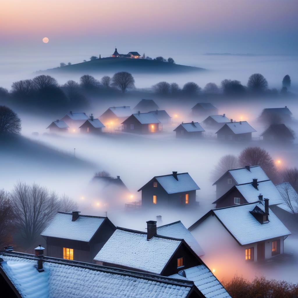  Village life in the autumn evening: several houses with smoke from chimneys, which creeps over the houses, forming a white fog over the village, one bright star shines above the fog at dusk in the sky