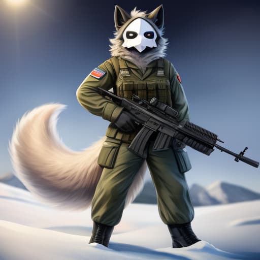  Puro, Russian VDV Uniform, Military helmet, holding a AK-47, snow eviroment, Snow cammo uniform, fluffy, mega fluffy, brown fur, big tail, fluffy tail, open eyes, digital art, masterpiece, 4k, fine details,