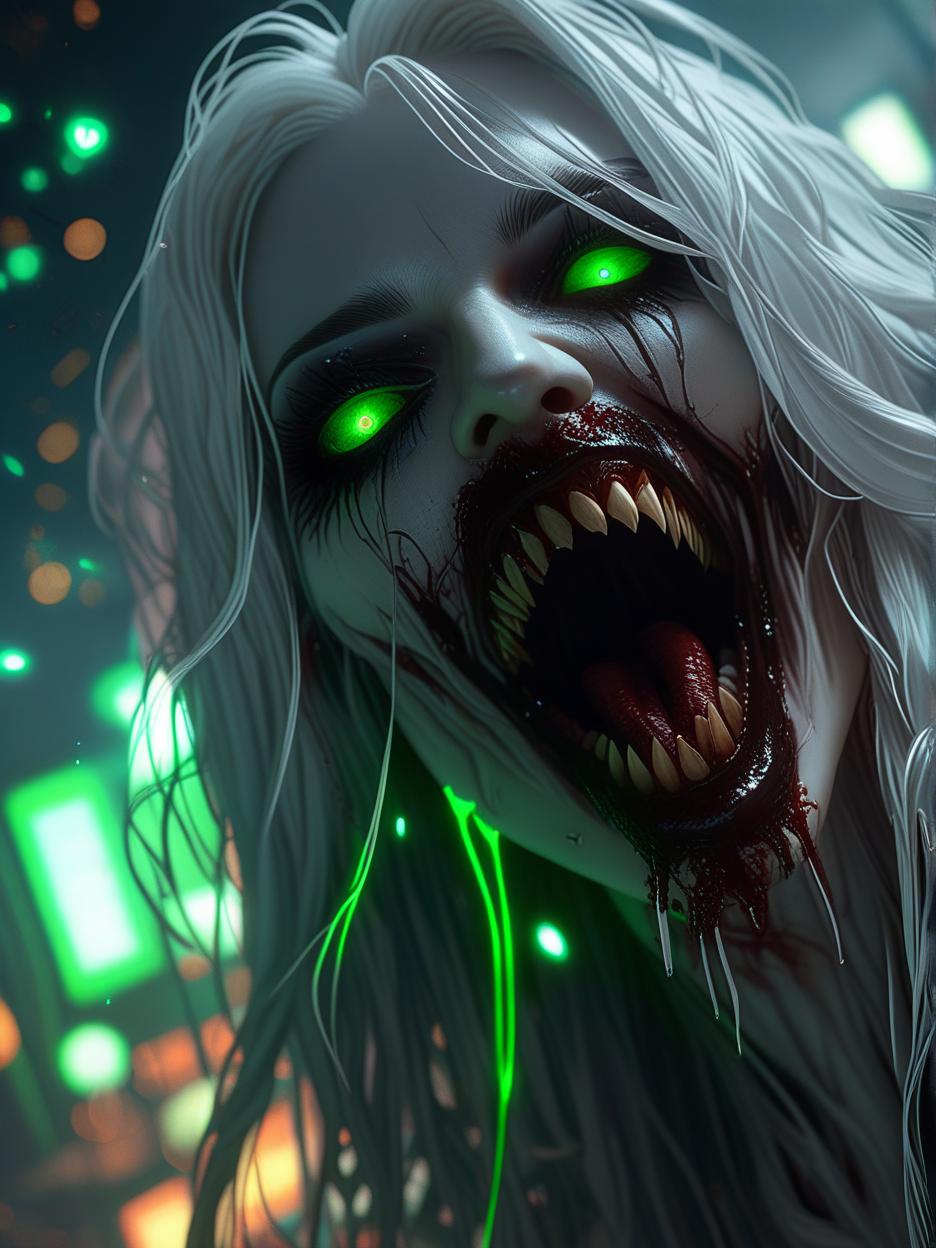  best quality, hd, hauntingly beautiful yet extremely terrifying female cosmic horror entity with glowing green eyes, pale white skin, long white hair, and an extremely wide evil smile with the skin of her cheeks ripped horizontally from the corner of the lip up the cheek and torn with very long fanged teeth with a cosmic background hyperrealistic, full body, detailed clothing, highly detailed, cinematic lighting, stunningly beautiful, intricate, sharp focus, f/1. 8, 85mm, (centered image composition), (professionally color graded), ((bright soft diffused light)), volumetric fog, trending on instagram, trending on tumblr, HDR 4K, 8K