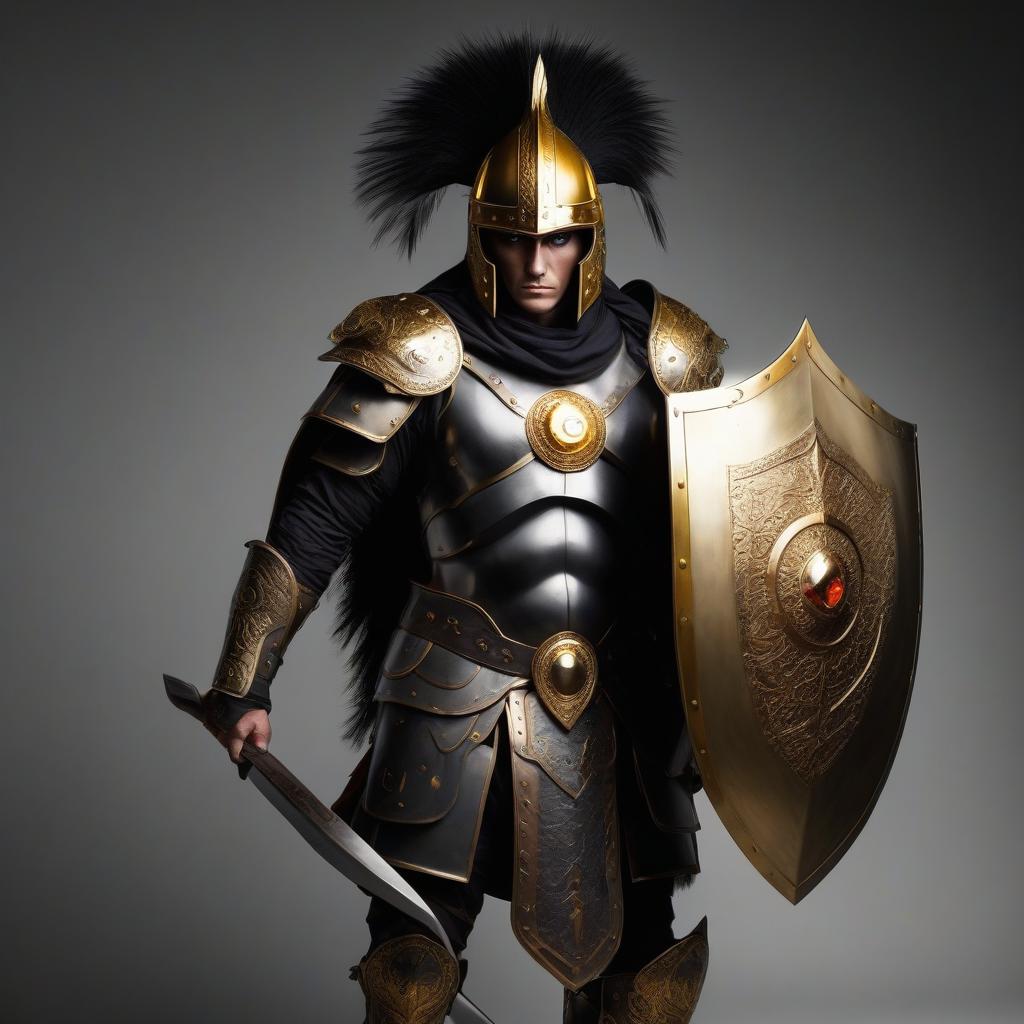  warrior in a helmet with a shield with golden eyes