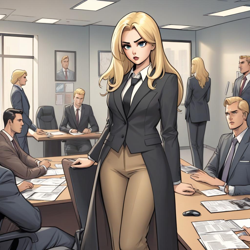  colored comic book image. an adult girl with long blonde hair gathered in a tail is dressed in a jacket and black trousers. she stands in front of an office desk and shows a new dress on the hanger. view from the side of the table, where several men in business suits sit, listening attentively to her presentation.