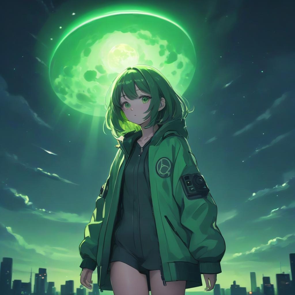  anime style girl in a green jacket, green color, night, bright light, ufo in the sky, full moon